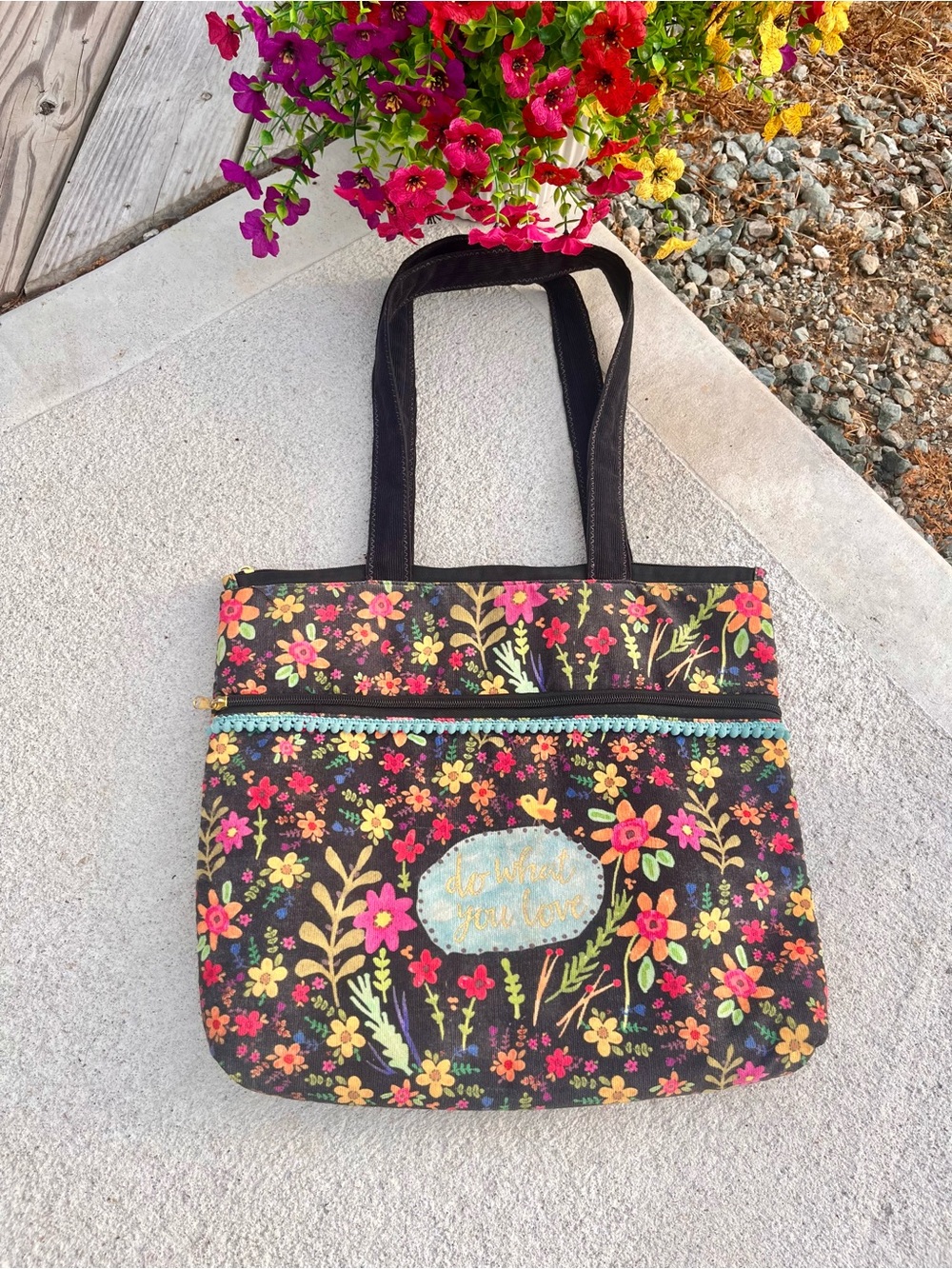 Natural Life • XL bag/purse • indigo folk flower pattern • “Do what you love”